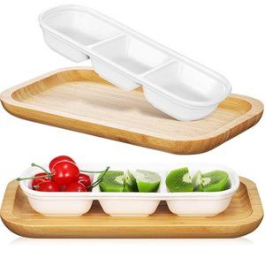 3 Sectioned Serving Dishes - Sauce/ Appetizer/ Snack Bowls w/ Wooden Trays